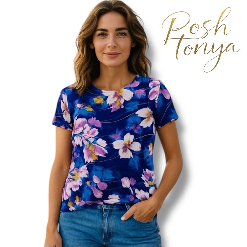 Simply Vera Wang Blue Floral Ribbed Top Size XS